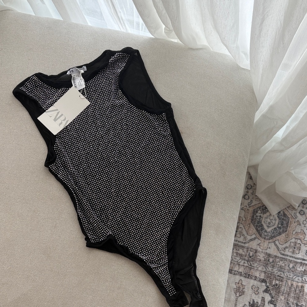 Zara New Black and Silver Sleeveless Bodysuit